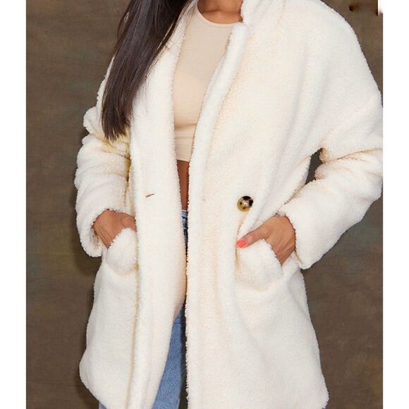 Pretty Little Thing Faux Sherpa Double Breasted Teddy Coat Cream 10 Borg Lapel - Picture 2 of 16